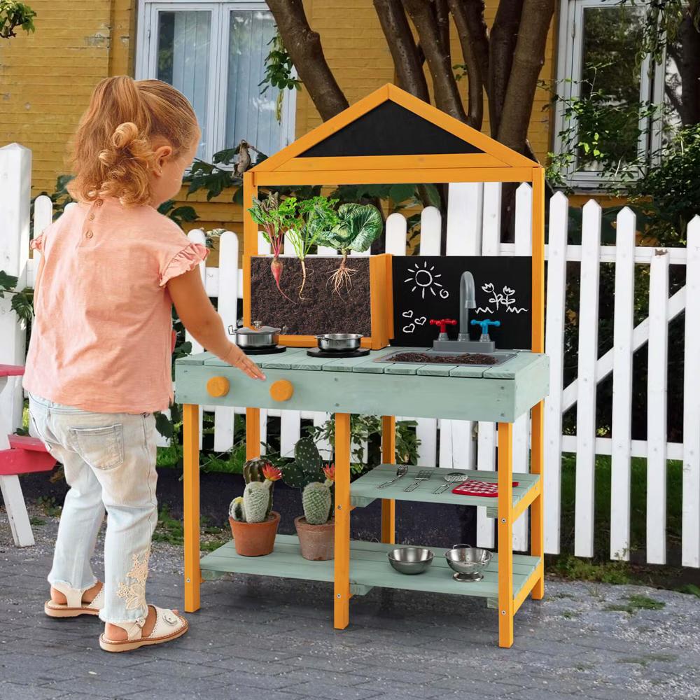 Kids Kitchen Playset Outdoor Mud Kitchen with Root Viewer Planter Removable Sink - Image 2