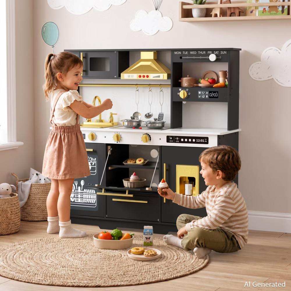 Wooden Play Kitchen for Kids with Running Water Sink, Interactive Stove, Ice Maker, Microwave, Oven & Dishwasher, Ages 3+ - Image 16