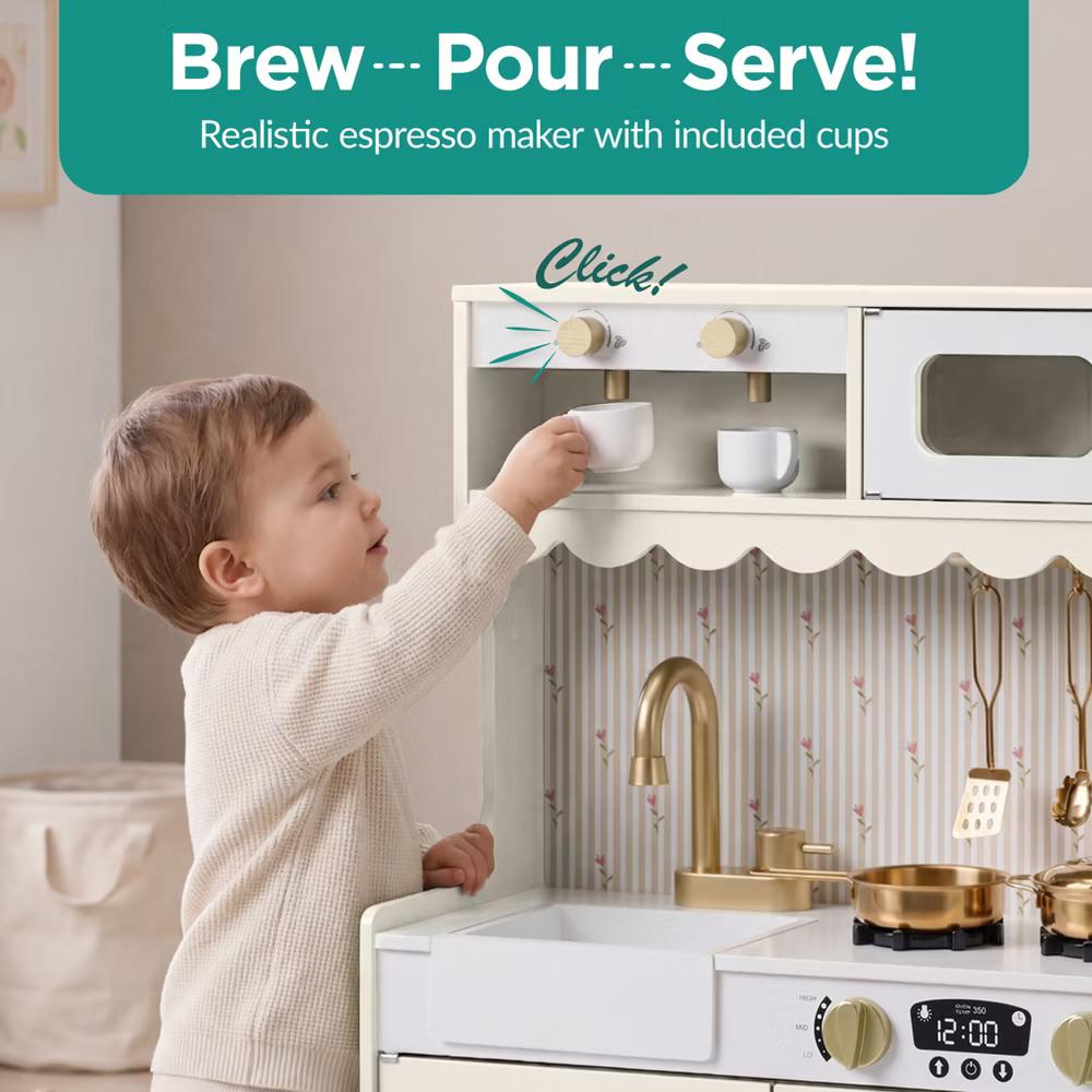 Wooden Cottage Kids Pretend Play Kitchen with 11 Accessories, Espresso Machine - Pink - Image 15
