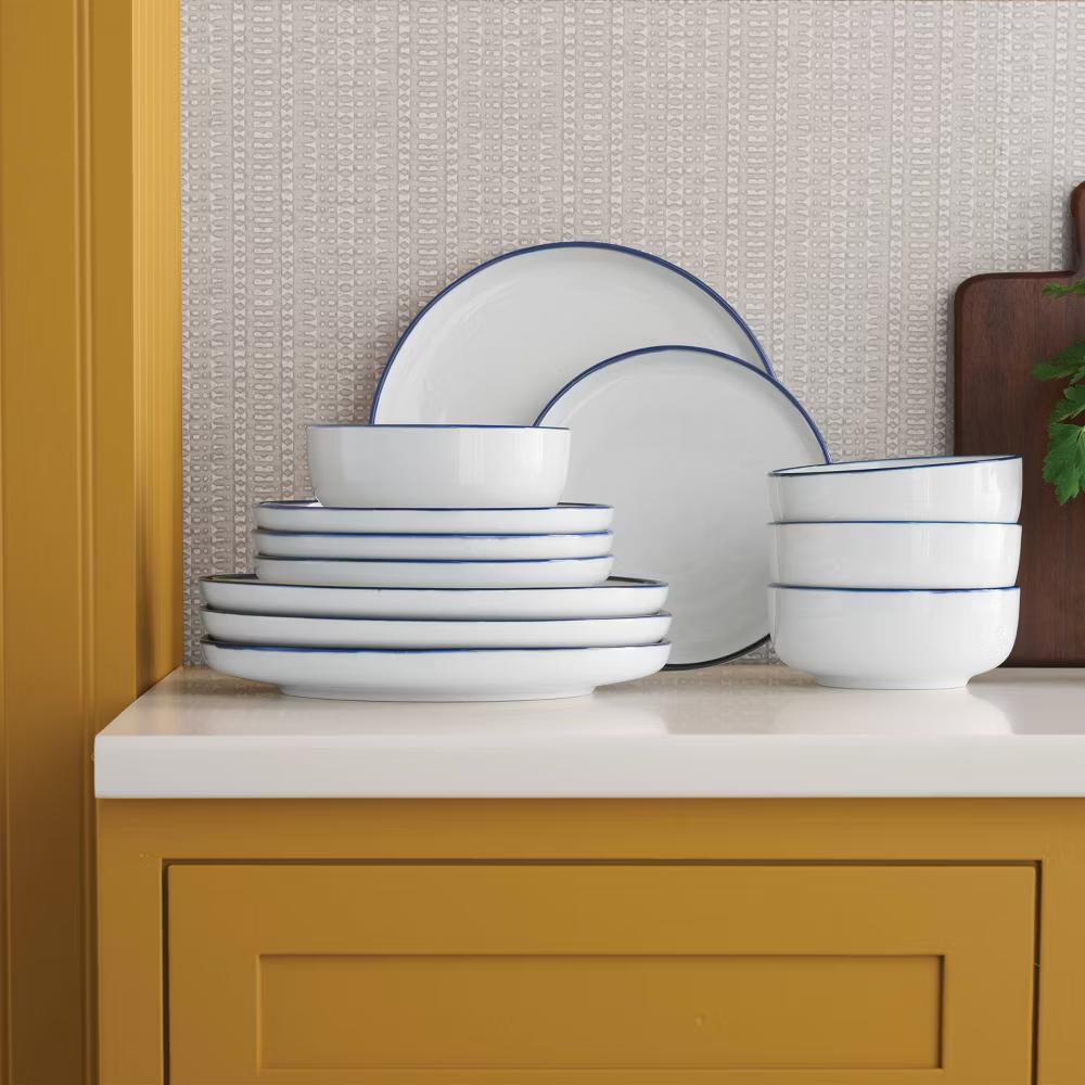 12pc Stoneware Dinnerware Set Blue Rim - Image 5