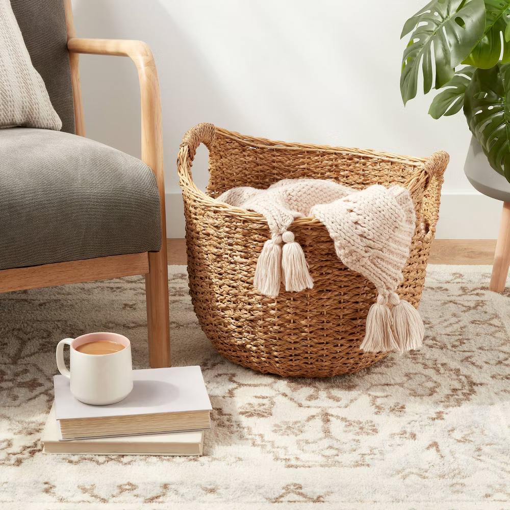 Large Round Braided Seagrass Basket - Handwoven Khaki Wicker for Blanket Storage, Nest Certified