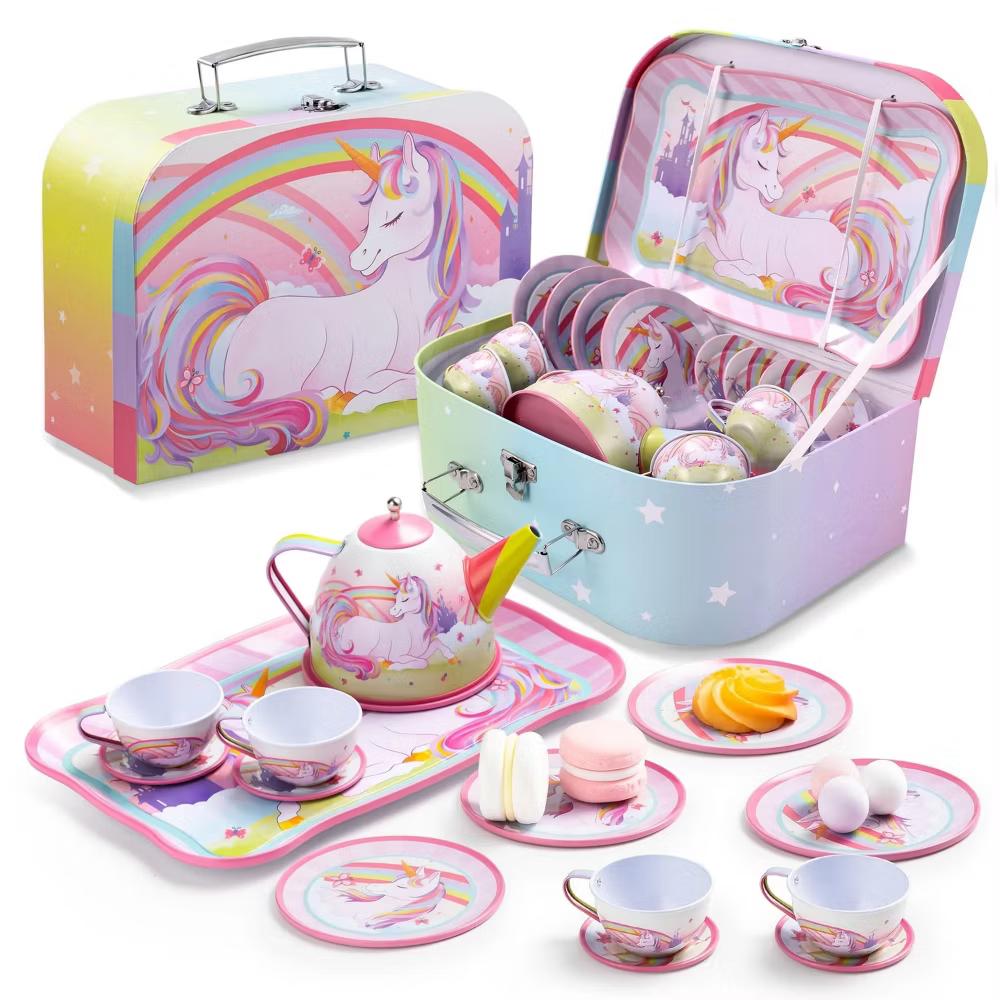 Unicorn Tea Party Set for Little Girls Ages 3-6, 15Pcs Pretend Play Kitchen Toys with Teapot Cups, Plates, Storage Case, Birthday Christmas Gift - Image 6