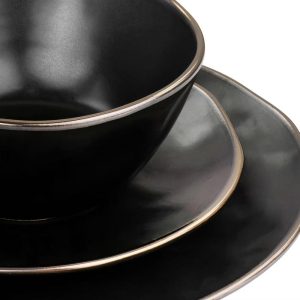 16pc Modern Stoneware Dinnerware Set with Rim Matte Black/Gold
