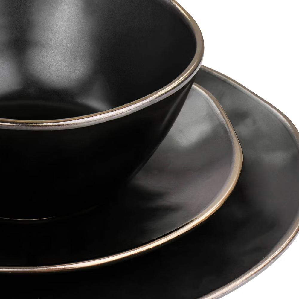 16pc Modern Stoneware Dinnerware Set with Rim Matte Black/Gold