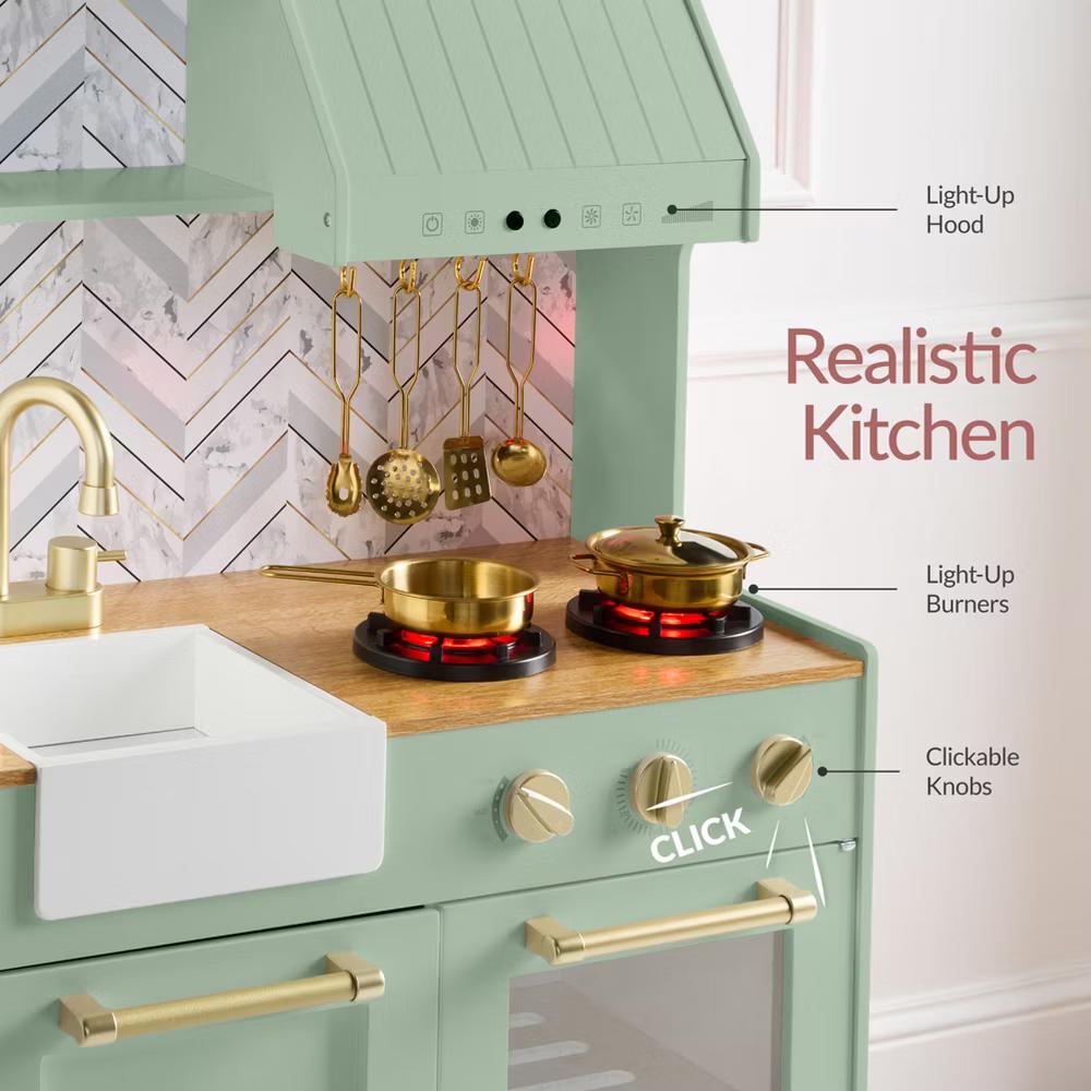 Deluxe Wooden Pretend Play Kitchen with Island and Espresso Machine - White - Image 25