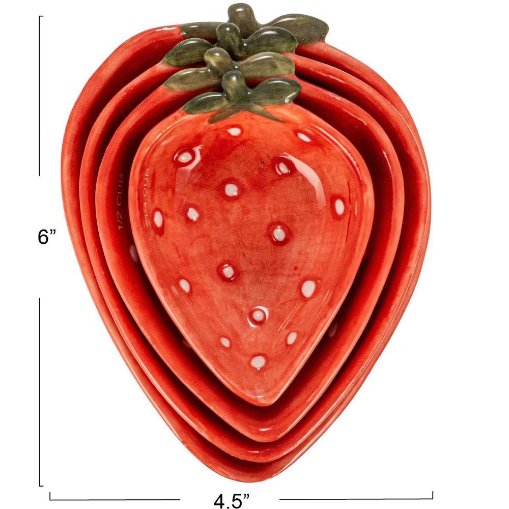 Storied Home Hand-Painted Strawberry Stoneware Measuring Cups, Red and White, Set of 4 - Image 3