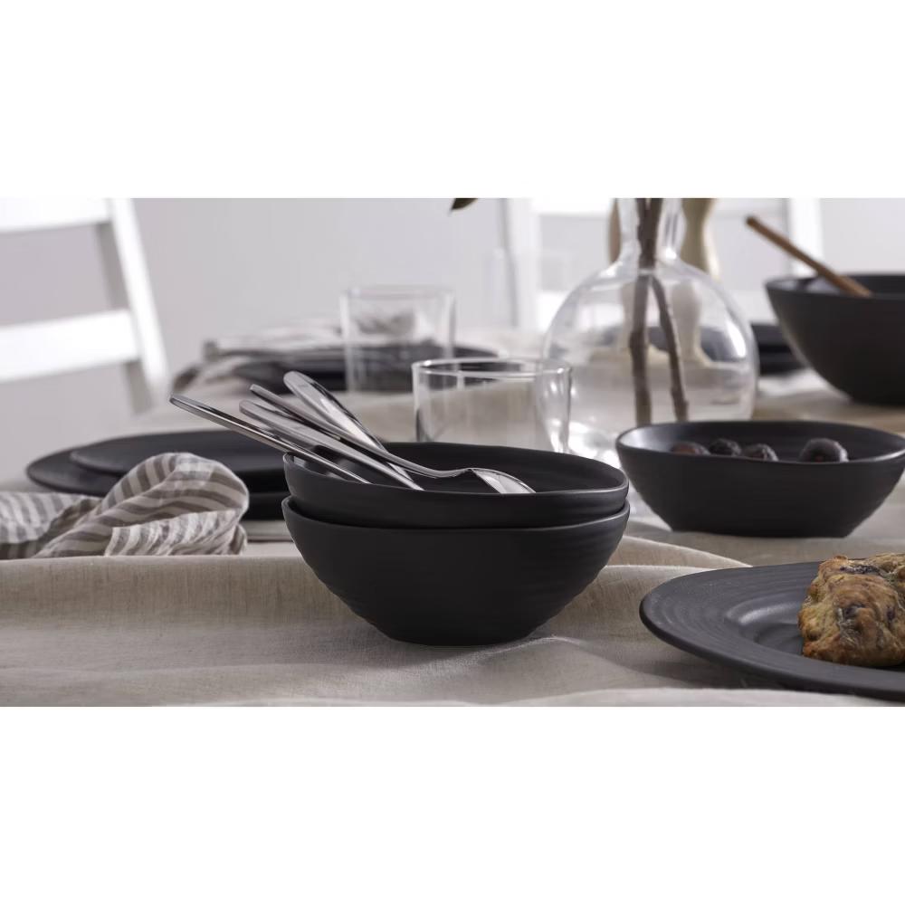 Oneida 12pc Stoneware Dinnerware Set Ridge Black: Matte Black Dishes, Swirl Pattern, Service for 4, Dishwasher-Safe - Image 8