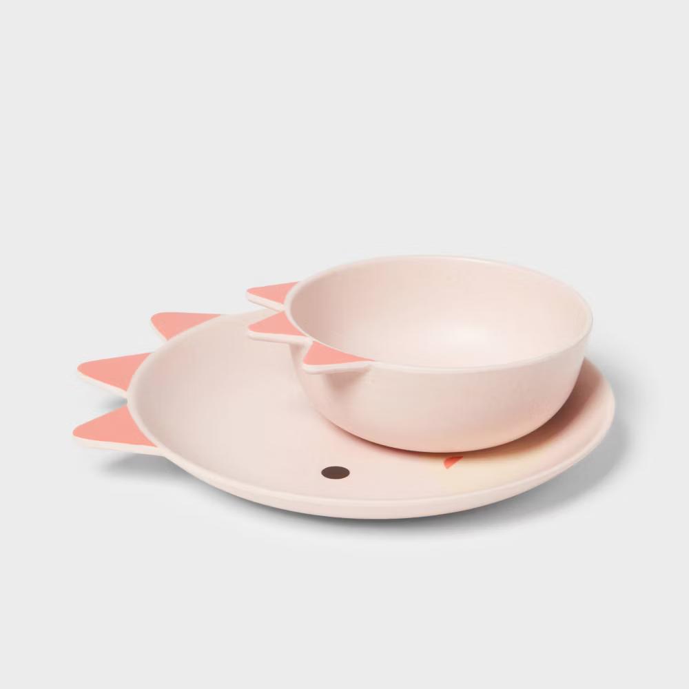 Kids' 2pc Bamboo and Melamine Dino Dinnerware Set Pink - Image 2