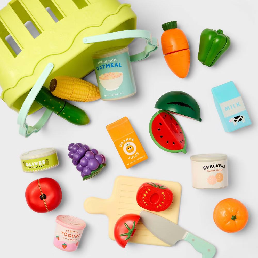Grocery Basket with Play Food- 18 Piece - Plastic, Ages 2+, Includes Play Fruit & Vegetables - Image 2