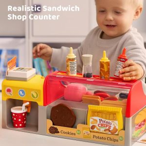 Kids Pretend Play Kitchen Toy, Panini Maker & Sandwich Set with Slicer, Ingredients & Menu, Play Food Toy for Toddlers & Girls Birthday Gift