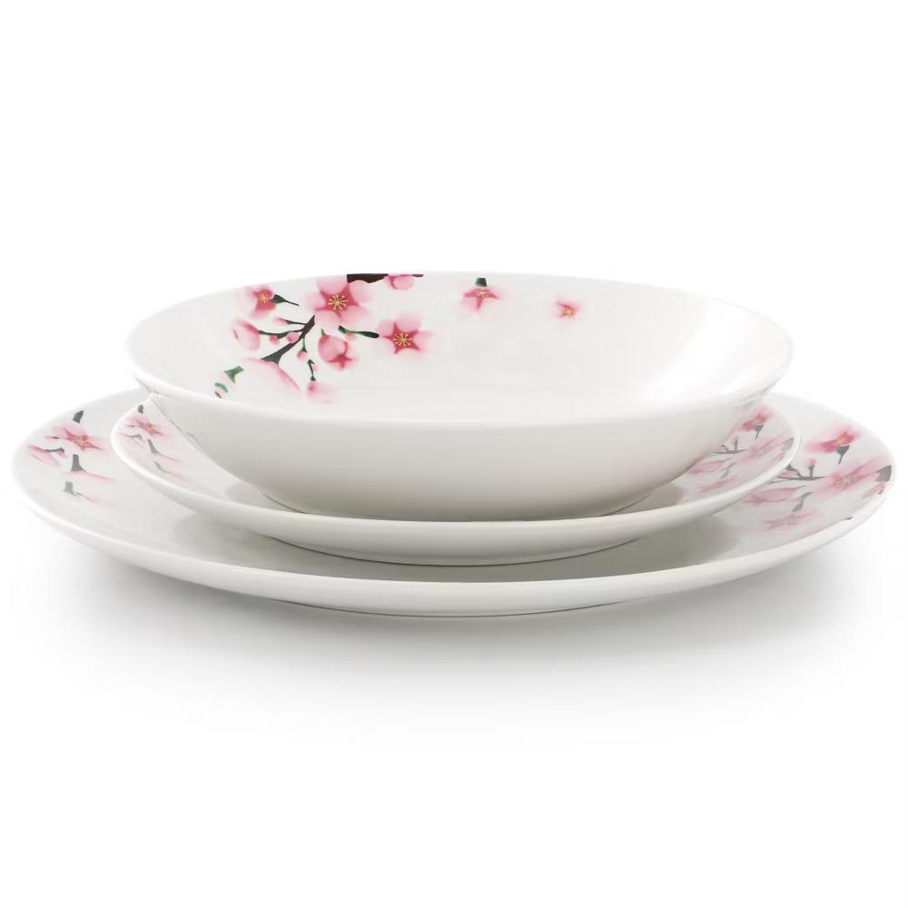 Tamara Cherry Blossom Porcelain Dinnerware Set in White and Pink - Image 14