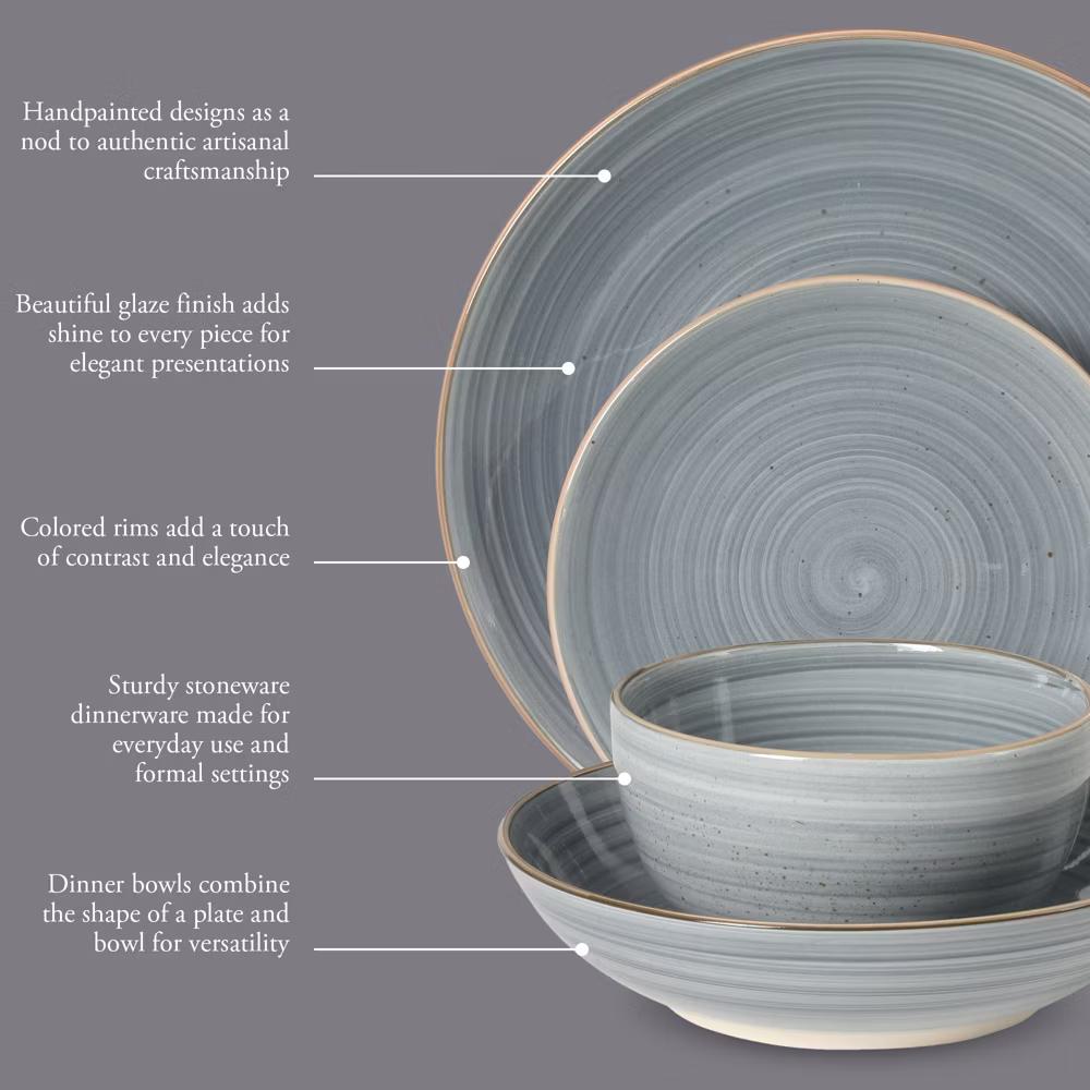 Stonebury 16 Piece Plates and Bowls Assorted Color Dishes - Handpainted Stoneware Dinnerware Set - Service for 4 - Image 13