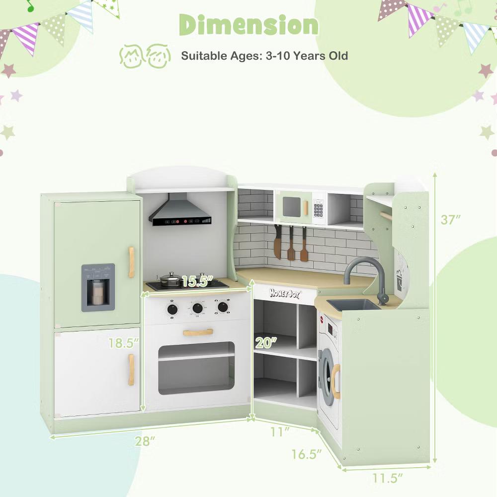 Corner Play Kitchen Toddler Kitchen Playset with Range Hood, Ice Maker, Microwave White/Pink - Image 18
