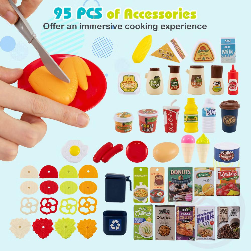 Kids Kitchen Playset with Realistic Sounds Lights Play Sink 95 PCS Accessories Blue/Pink - Image 7