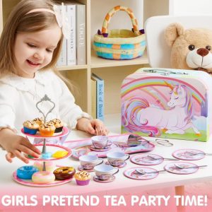 35Pcs Unicorn Tea Party Set for Little Girls, Pretend Tin Teapot Set, Princess Tea Time Play Kitchen Toy for Birthday Gifts Kids Toddlers Age 3 4 5 6