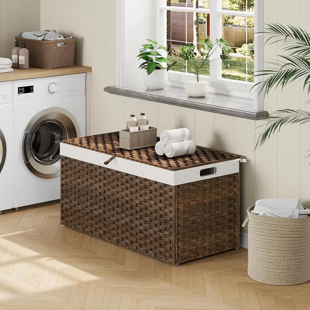 ACOINEL 52.8 Gallon (200L) Storage Basket with Lid, Handwoven Wicker Blanket Basket with Handles, Foldable Laundry Basket - Image 6
