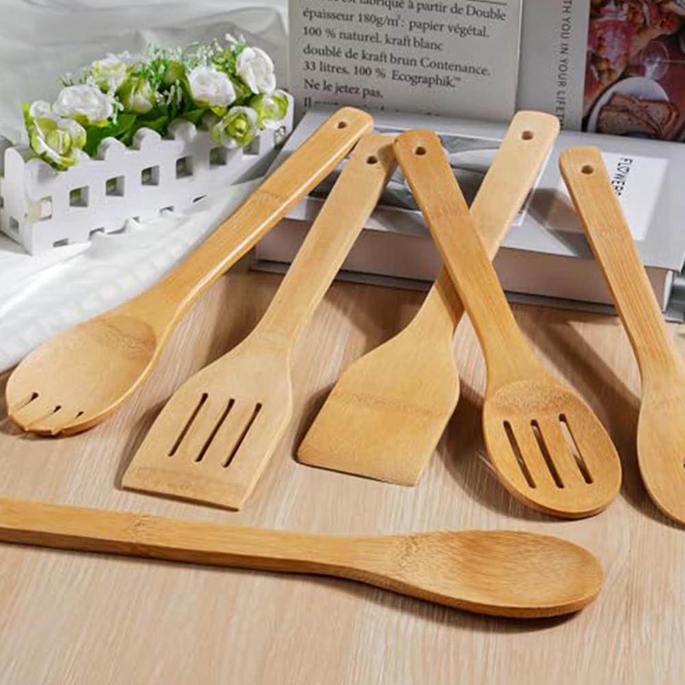 Premium Bamboo Cooking Utensil Set – 6 Piece Non-Scratch Wooden Spatulas & Spoons for Kitchen
