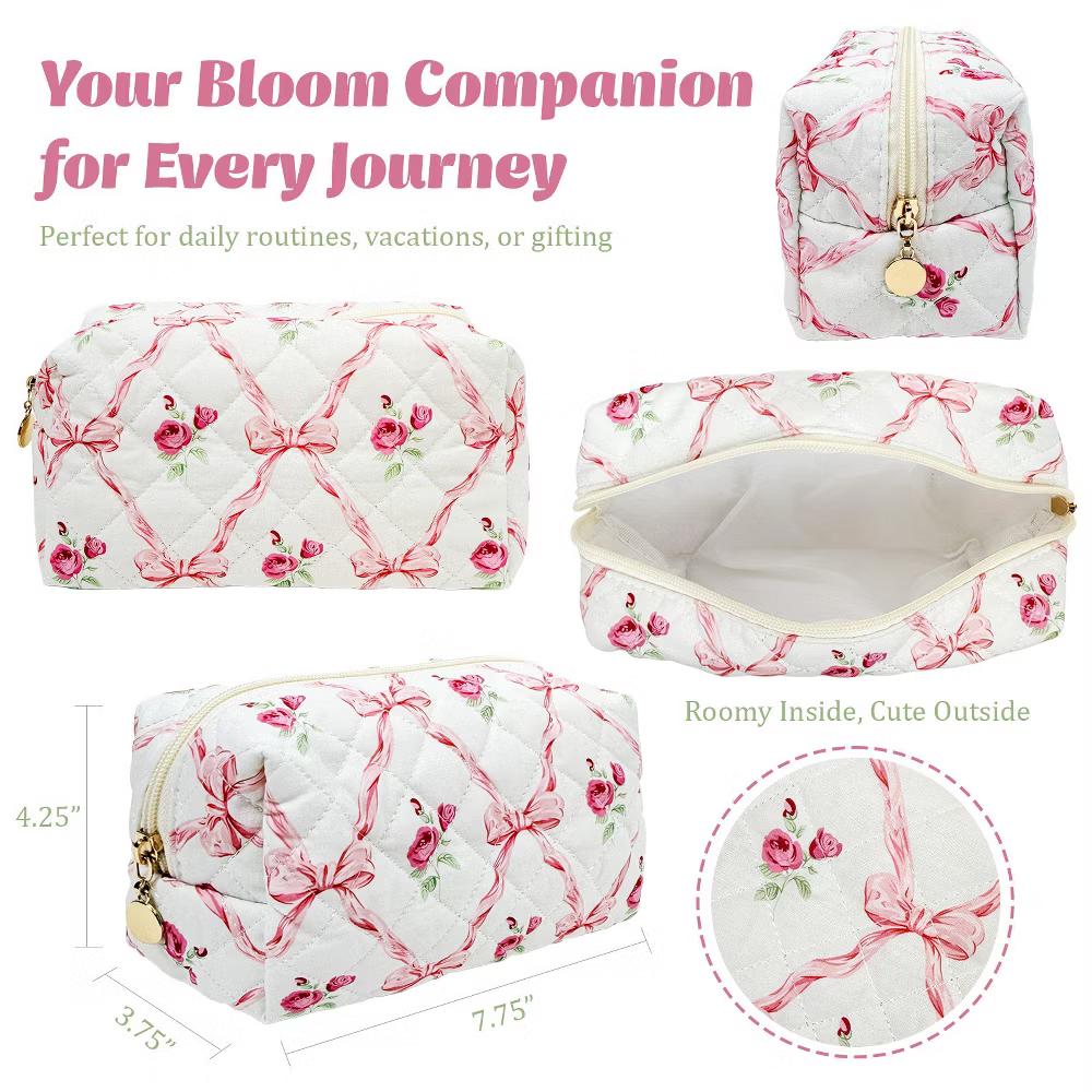 Floral Quilted Makeup Bag, Cosmetic Toiletry Travel Bag, Pencil Pouch - Image 11