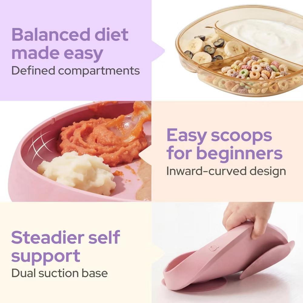 4 PCS Toddler Plates with Suction Base Spoons & Fork Baby Divided Dishes for 0 1 2 3 Years Old PPSU & Food Grade Silicone BPA Free Rose Clay - Image 3