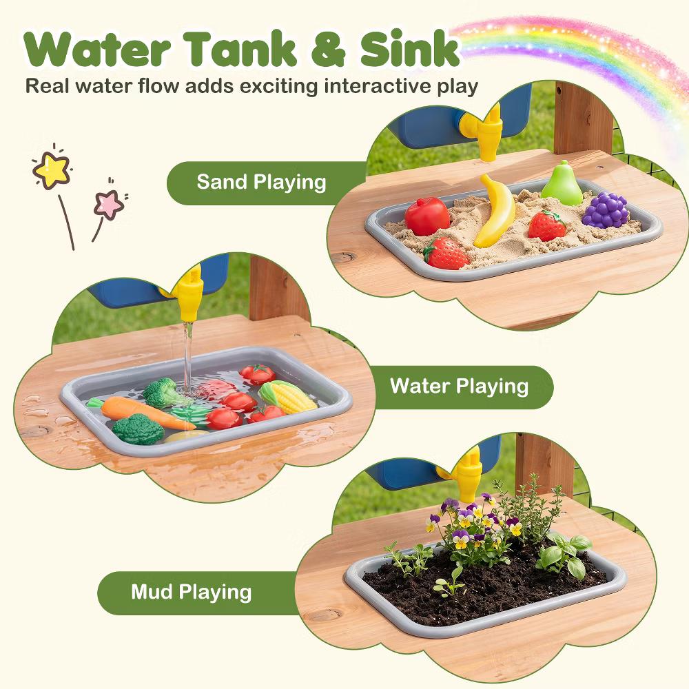 Kids Mud Kitchen with Detachable Bird Cage, Planter, Trellis, 2 Sinks, Stoves - Image 4