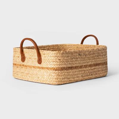 Braided Water Hyacinth Folio Basket with Faux Leather Handles - Storage & Organization