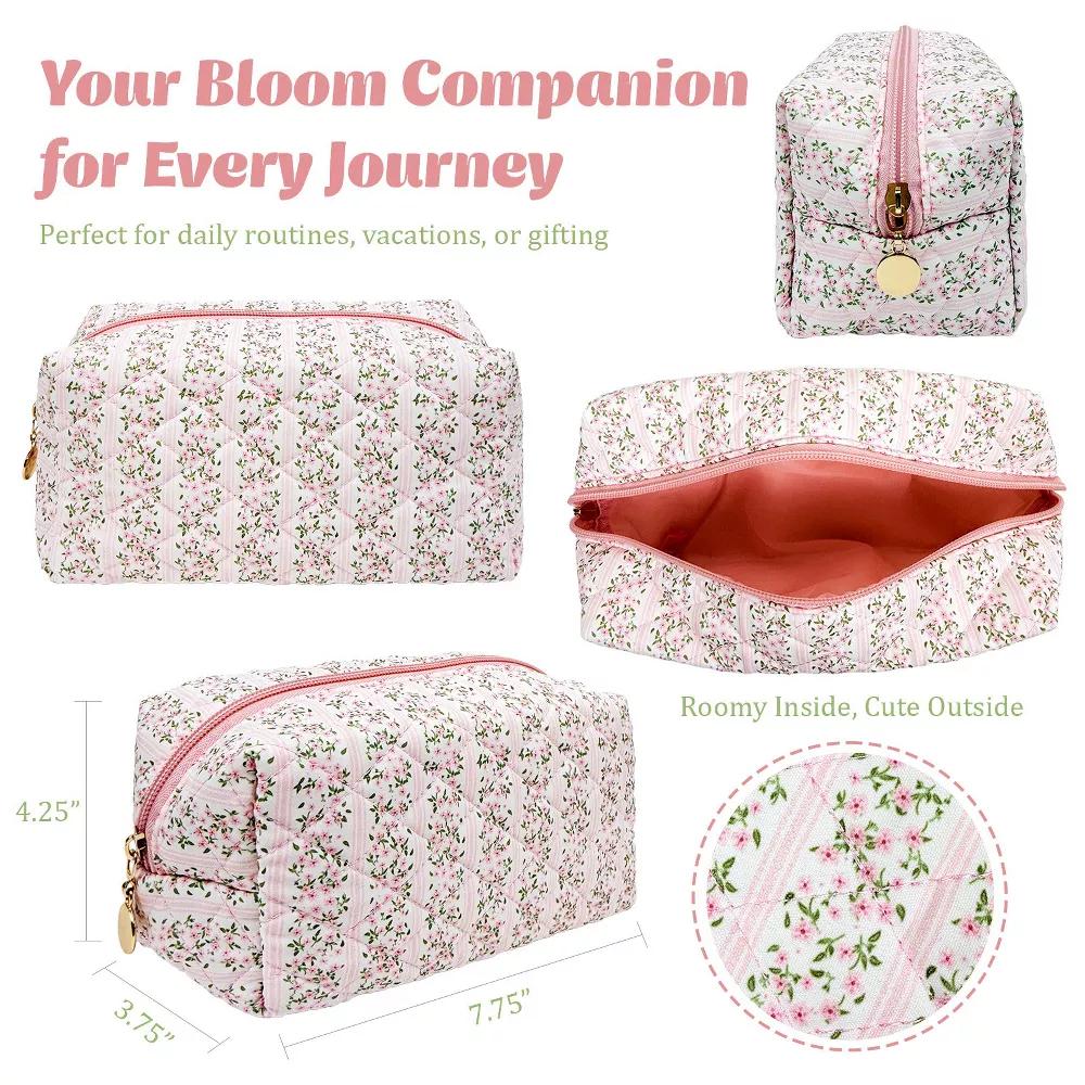 Floral Quilted Makeup Bag, Cosmetic Toiletry Travel Bag, Pencil Pouch - Image 7