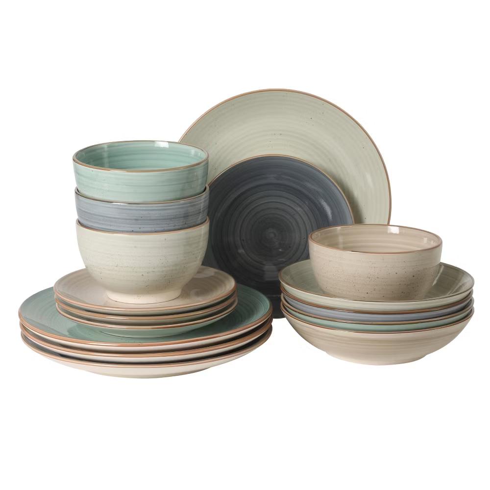 Stonebury 16 Piece Plates and Bowls Assorted Color Dishes - Handpainted Stoneware Dinnerware Set - Service for 4 - Image 4