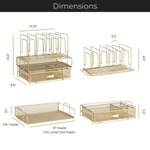 Blu Monaco Gold Desk Organizer - Includes Detachable File Organizer, Stackable Paper Tray & Drawer, Office Supplies for Desk