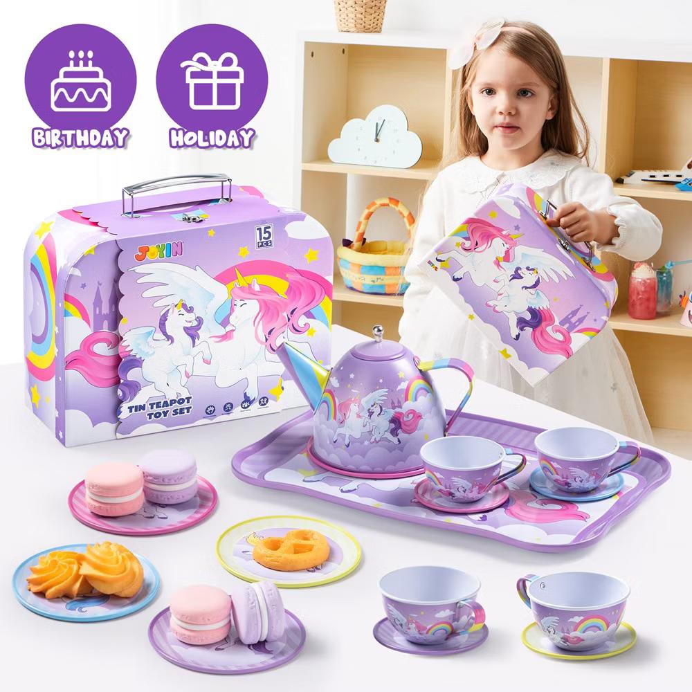 Unicorn Tea Party Set for Kids, Pretend Play Toy with Teapot, 4 Cups & Plates, Play Food & Carrying Case, Birthday Gifts for Girls Age 3 4 5 6 - Image 4