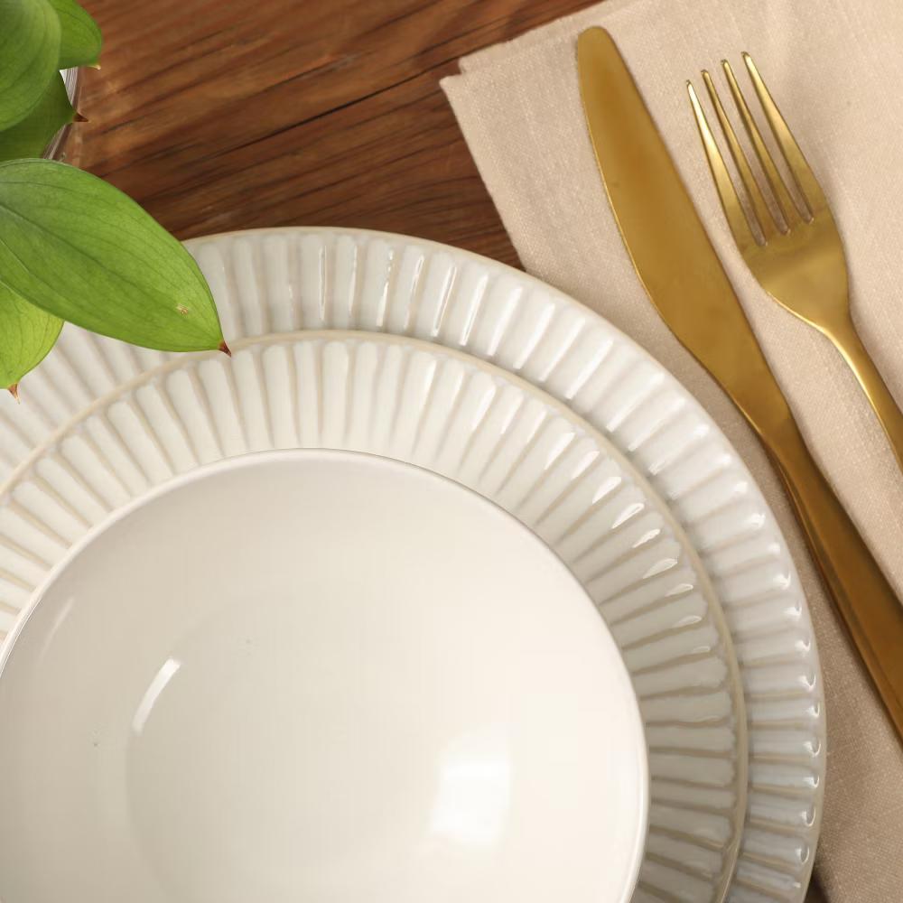 Soleil 12 Piece Linen White Stoneware Dinnerware Set for 4, Plates and Bowls Set with Dinner Plates, Salad Plates and Bowls - Image 12