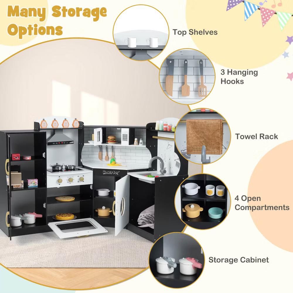Corner Play Kitchen Toddler Kitchen Playset with Range Hood, Ice Maker, Microwave White/Pink - Image 6