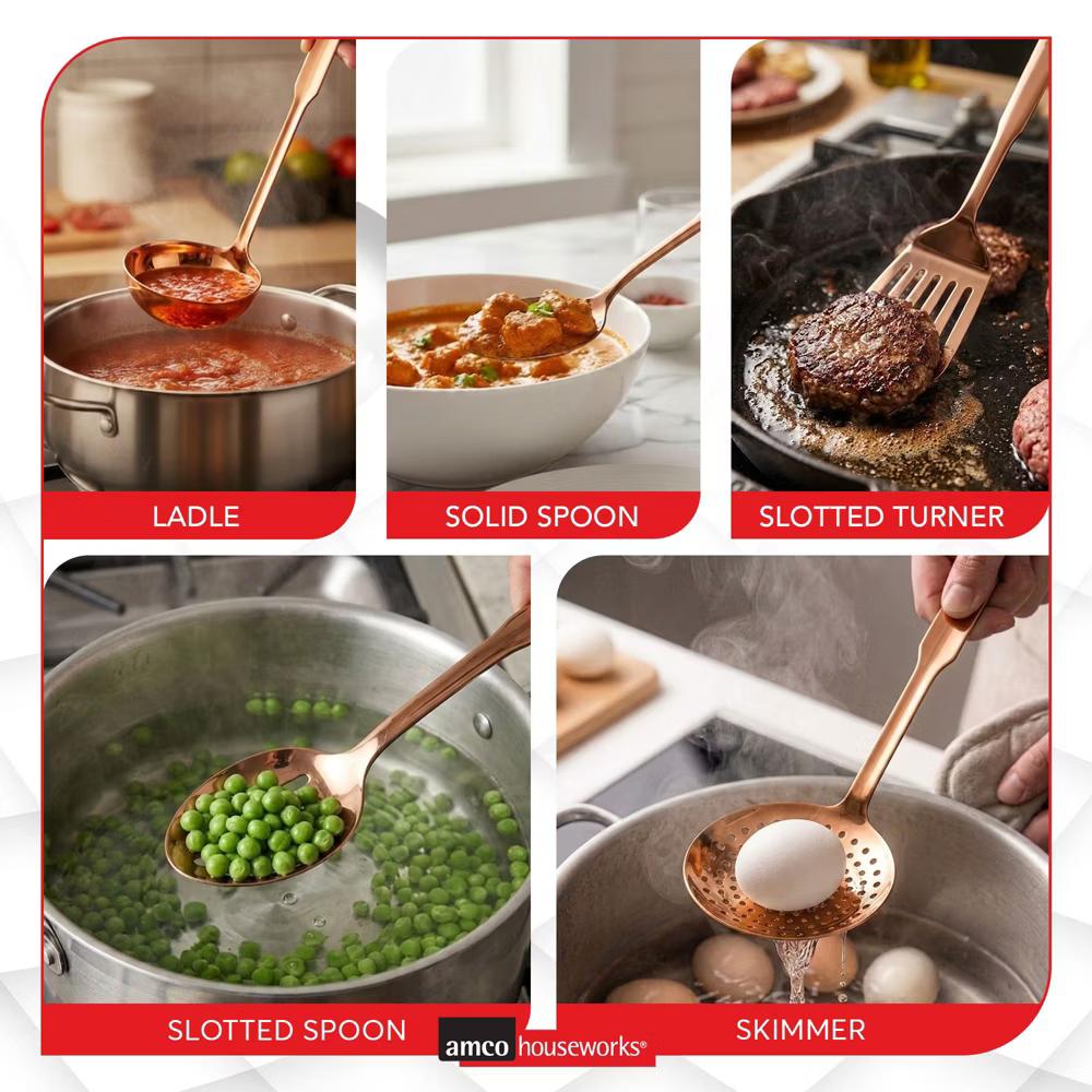Amco 5-Piece Stainless Steel Cooking Utensil Set, Copper Finish, Includes Kitchen Ladle, Slotted Turner, Skimmer, Solid Spoons, 14" with Hanging Holes - Image 2