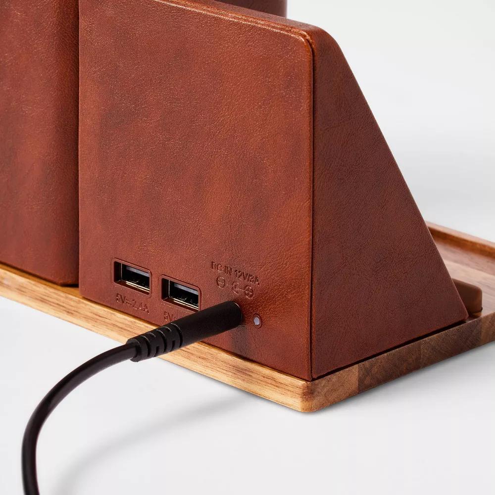 Wireless Charging Stand & Pencil Cup Dark Brown - Desk Organizer, Office Supplies, Faux Leather