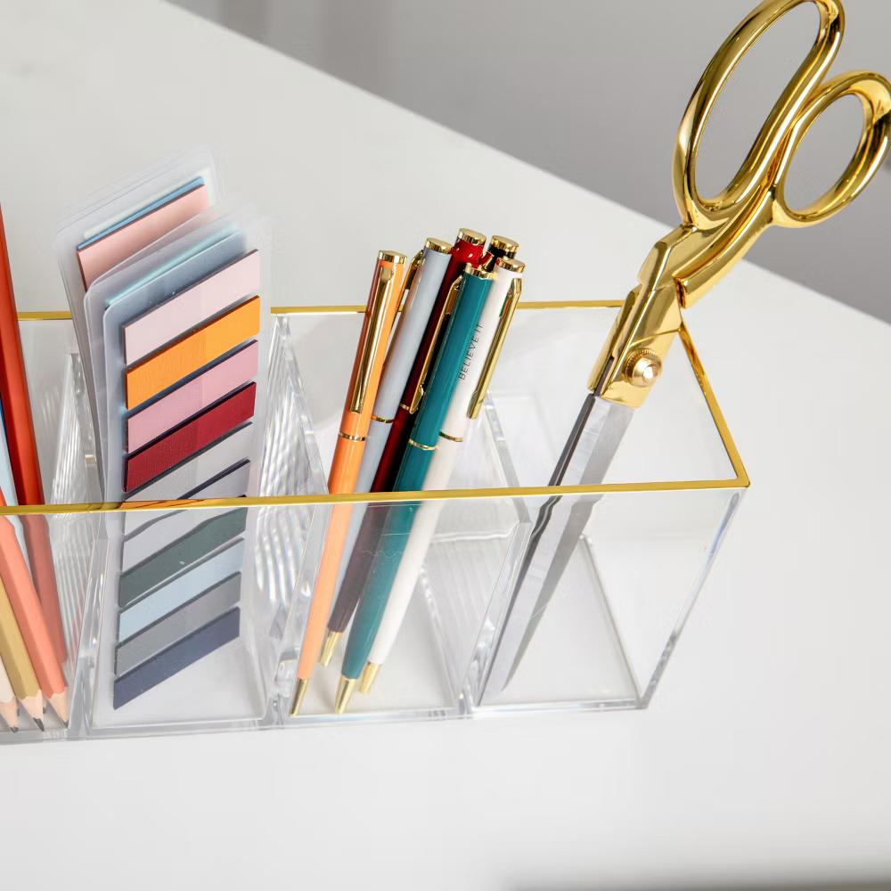 Martha Stewart Kerry Plastic 4 Compartment Pen Holder Office Desktop Organizer with Gold Trim - Image 9