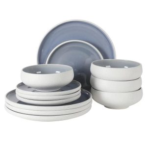 Pacifco Beach Plates and Bowls Sets, 12-Piece Stoneware Dinnerware Sets, Reactive Glaze Dish Set, Service for 4