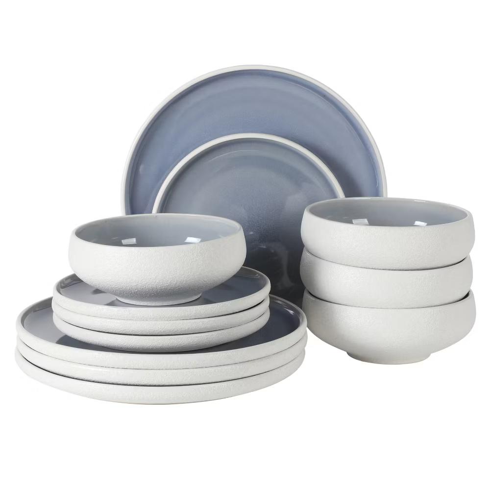 Pacifco Beach Plates and Bowls Sets, 12-Piece Stoneware Dinnerware Sets, Reactive Glaze Dish Set, Service for 4