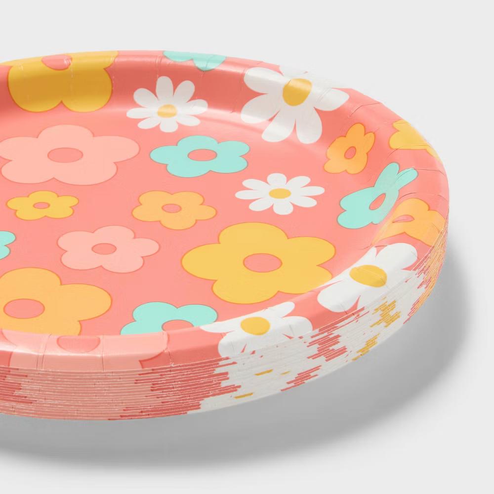 20ct Pink/Orange Retro Flower Snack Paper Plates - Image 2