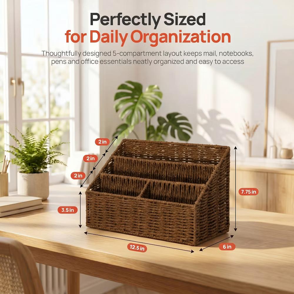 Wickerwise Handwoven Paper Rope Desktop Organizer for Mail & Files - Image 5