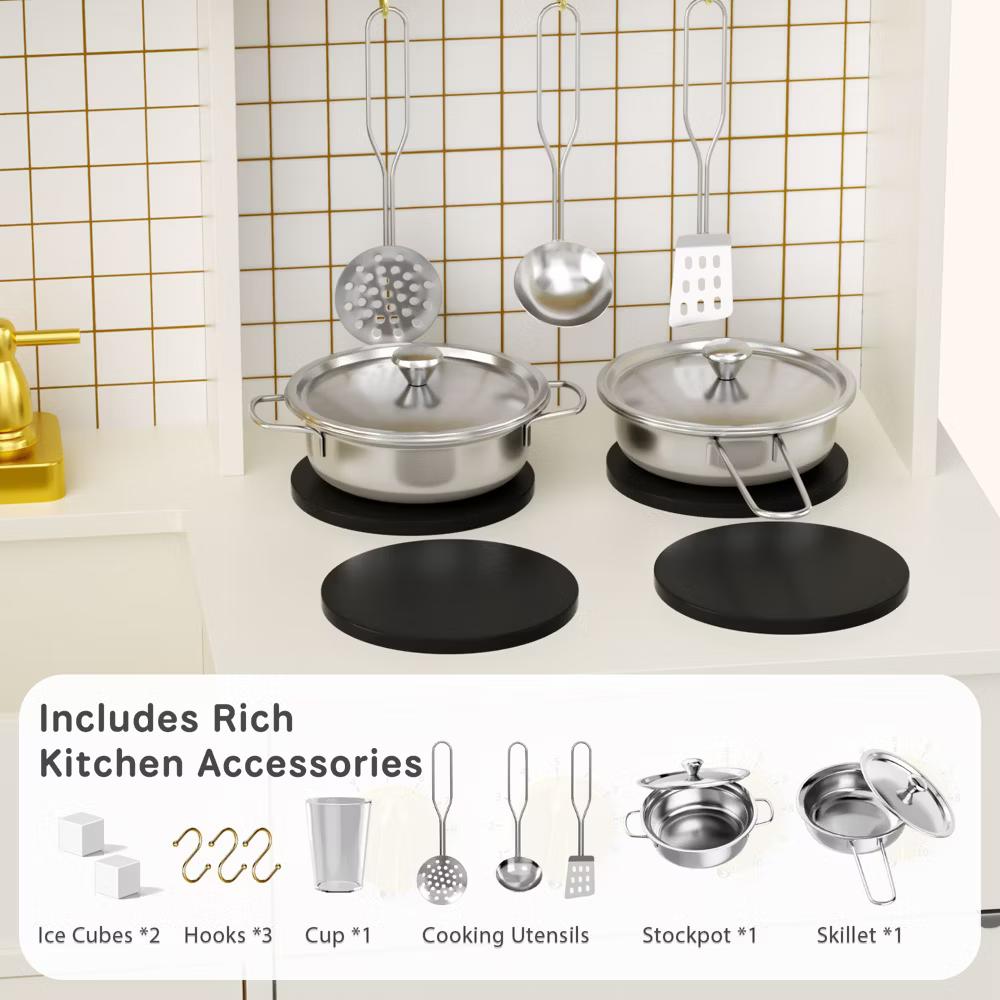 Wooden Play Kitchen with Running Water Sink, Clicking Stove Knobs, Microwave, Oven, Ice Maker & Storage, Ages 3+ - Image 4