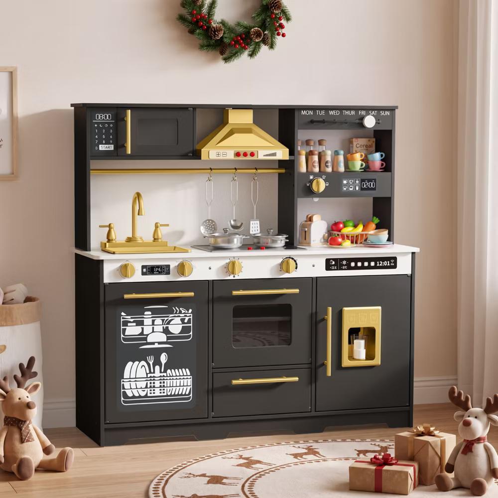 Wooden Play Kitchen for Kids with Running Water Sink, Interactive Stove, Ice Maker, Microwave, Oven & Dishwasher, Ages 3+ - Image 15