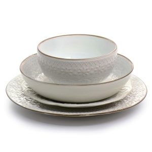 Countess 16 Piece Embossed Double Bowl Stoneware Dinnerware Set in Ivory