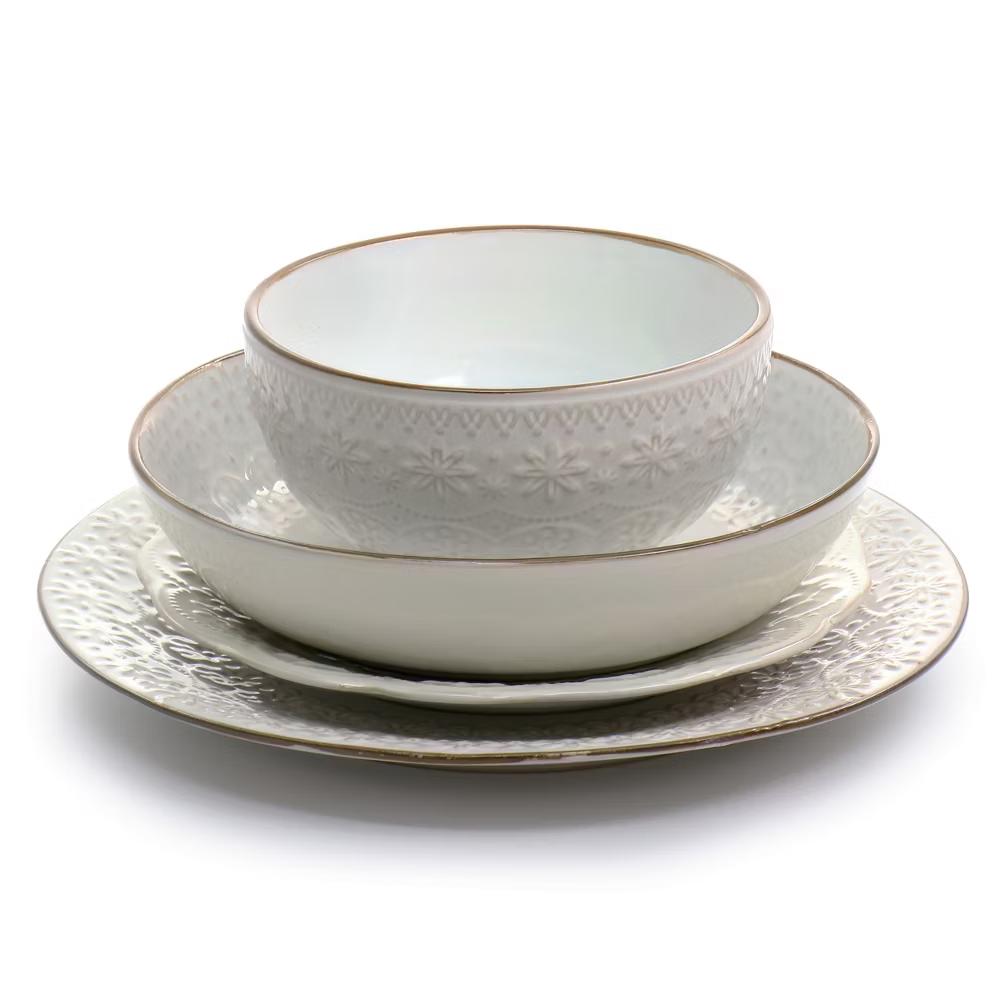 Countess 16 Piece Embossed Double Bowl Stoneware Dinnerware Set in Ivory