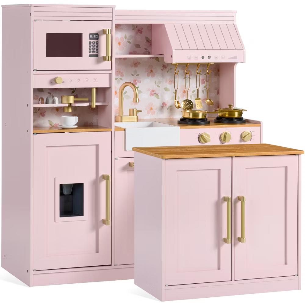 Deluxe Wooden Pretend Play Kitchen with Island and Espresso Machine - White - Image 11