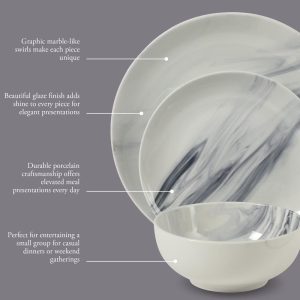 Cloudlight 12 Piece Plates and Bowls Dishes Brown and White - Decorated Porcelain Ceramic Dinnerware Set - Service for 4