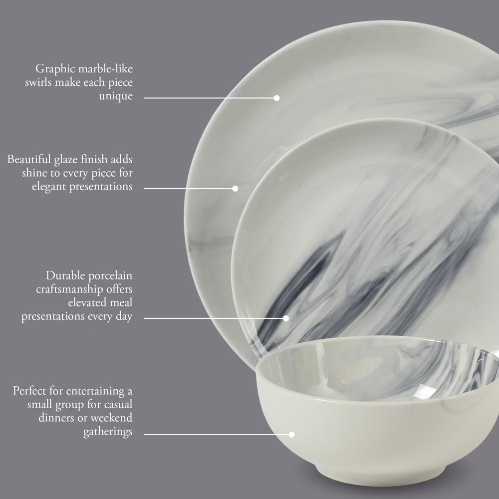 Cloudlight 12 Piece Plates and Bowls Dishes Brown and White - Decorated Porcelain Ceramic Dinnerware Set - Service for 4