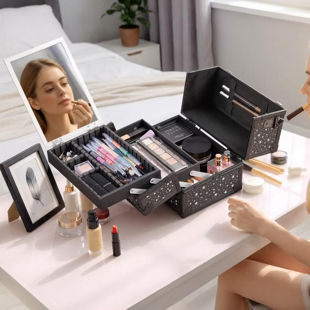 Yaheetech Aluminum Portable Makeup Train Case Cosmetic Storage Case with Mirror, Adjustable Dividers - Image 5