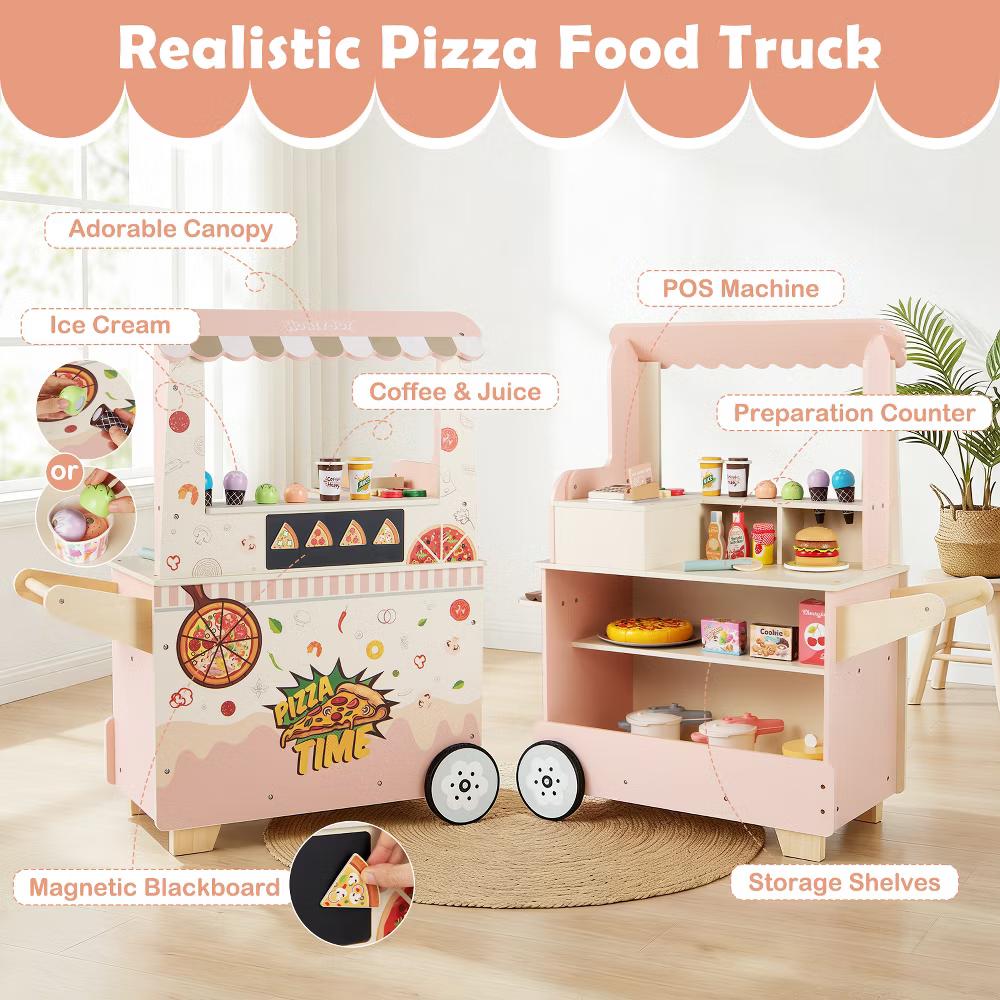 2 in 1 Pretend Play Food Truck Kids Ice Cream & Pizza Cart w/ Canopy Oven - Image 7