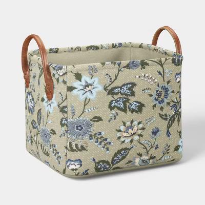 Small Quilted Fabric Bin Green Floral - Image 2