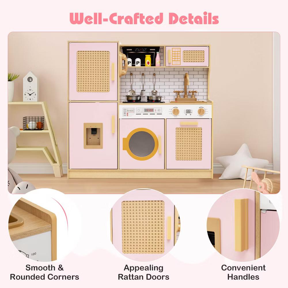 Wooden Kids Kitchen Playset Pretend Play Kitchen with Real Sounds Lights Pink/Yellow - Image 10