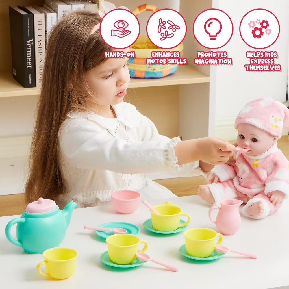 18-Piece Pretend Play Tea Party Set, Plastic Tea Set for Kids, Mini Kitchen Accessories, Perfect Gift for Toddler Boys Girls Ages 3-6 Years Old - Image 2
